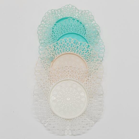 Vtg Teal Pink White Lace Lustro Ware Plastic 4 Coasters Holders Retro 1970's - Picture 1 of 16